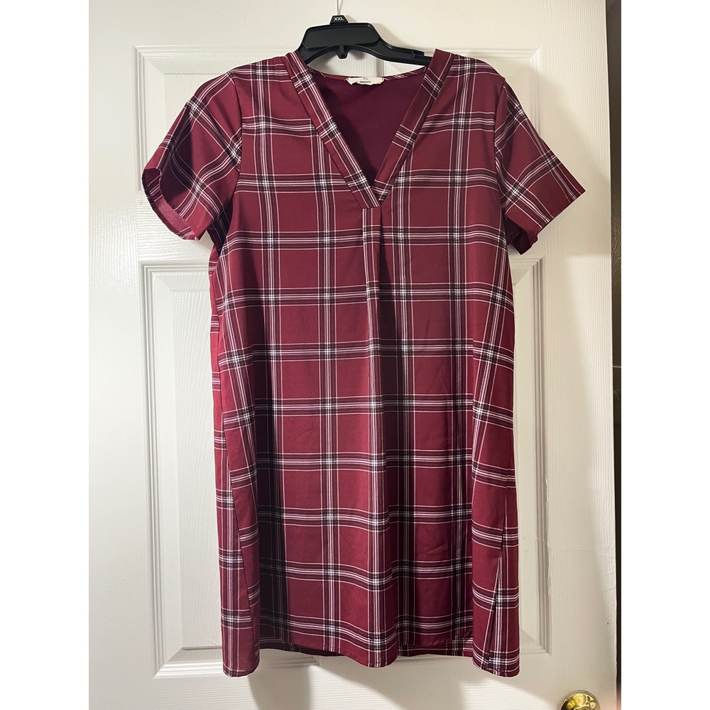 Entro Womens Burgundy Plaid V-Neck Short Sleeve Shift Dress L
